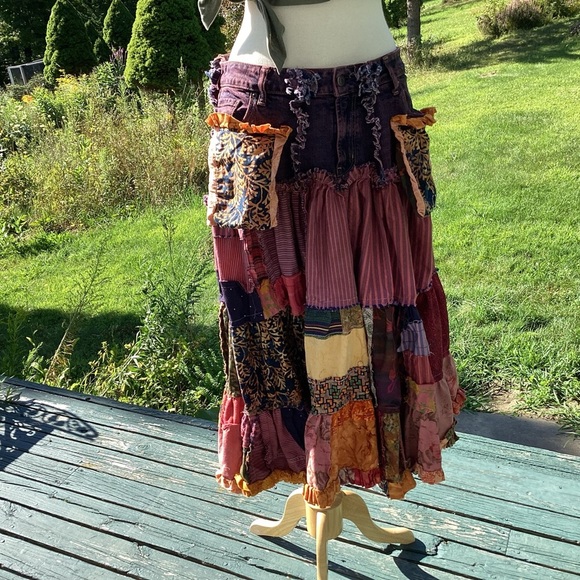 Upcycled Boho Tiered Jean Top Ruffled Hem Raw Edge Patchwork Midi Skirt Med to L - Picture 11 of 15